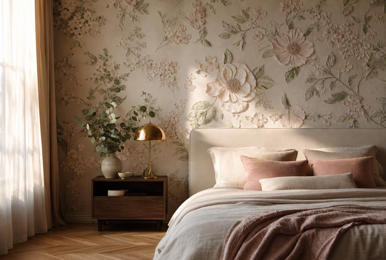 3D Wallpapers — Elegant bedroom accent wall with soft cream, blush and sage 3D floral wallpaper behind a linen bed with a brass bedside lamp