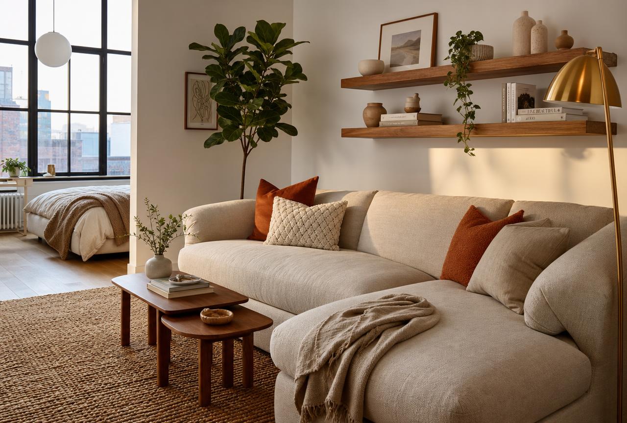 Apartment Rooms — Sunlit modern studio apartment with an oatmeal linen sectional, walnut nesting tables, floating oak shelves, a brass floor lamp and a tall fiddle-leaf fig