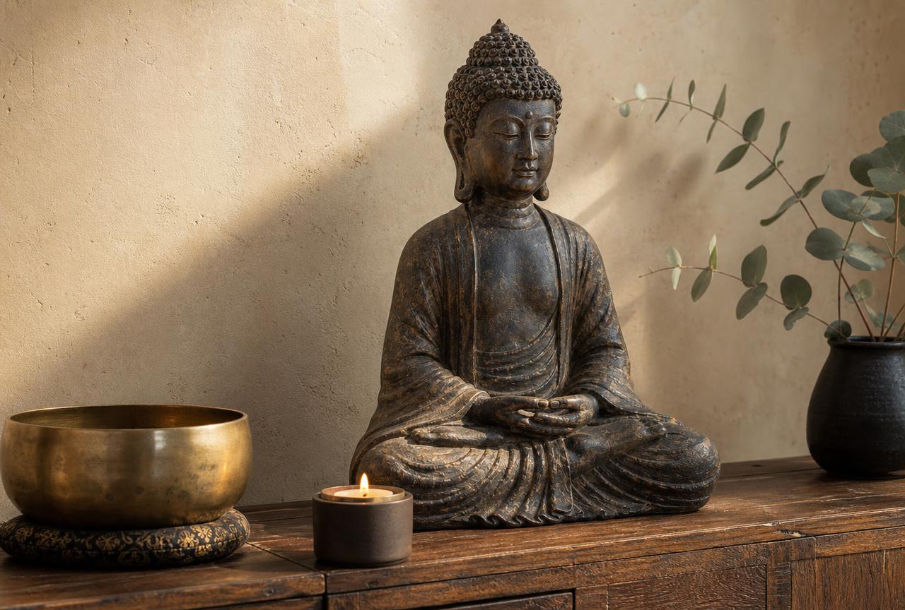 Buddha Statues — Home meditation corner with a stone-textured Buddha statue on a wooden stand, candles and a bamboo plant