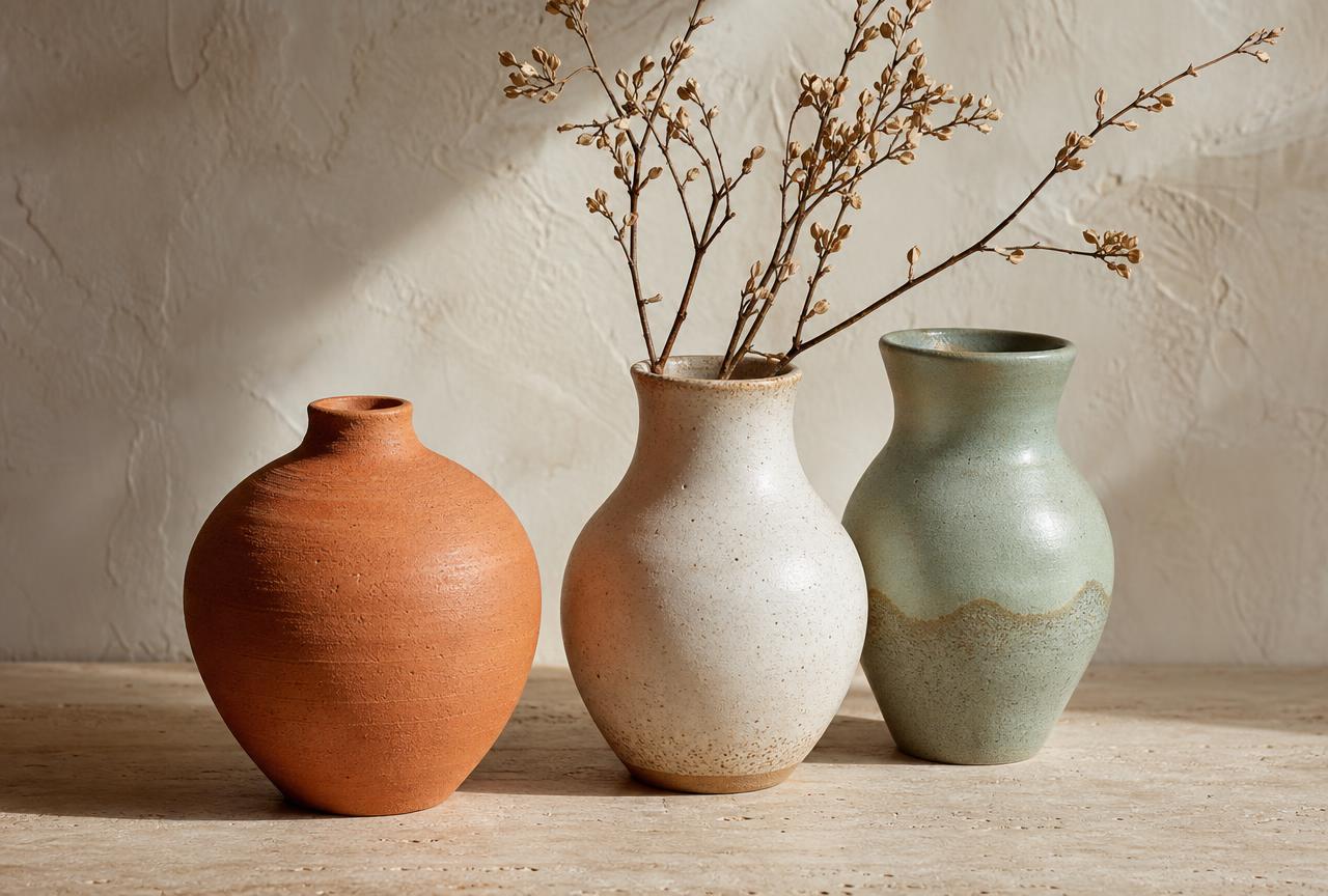 Ceramic Vases — Three handmade ceramic vases in terracotta, sage and off-white glazes on a wooden console table