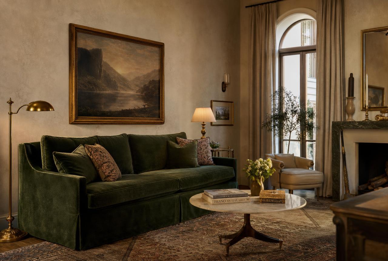 Drawing Room Decor — Elegant drawing room with deep green accent wall, cream tufted sofas, brass lamp and linen curtains