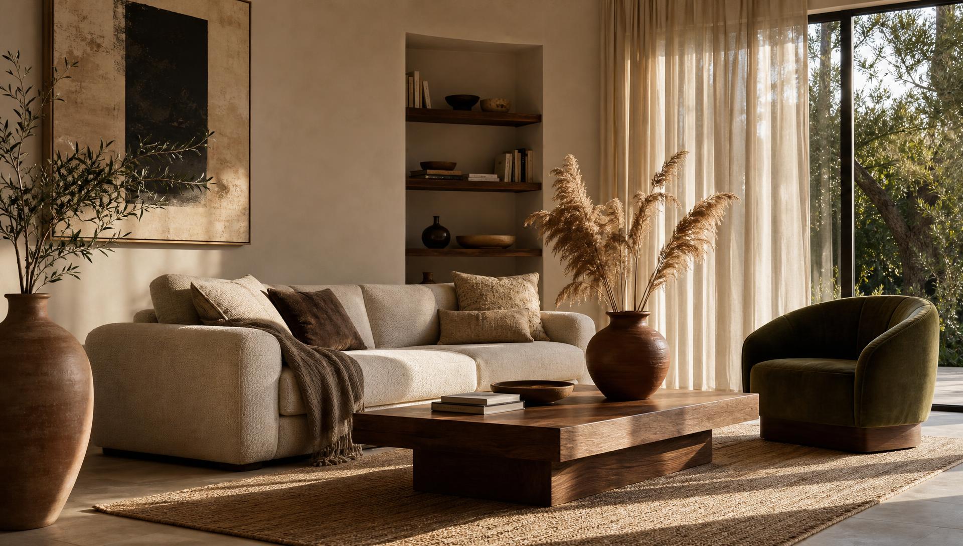 Sunlit living room styled with a beige linen sofa, oak coffee table, woven rug and a ceramic vase of dried stems