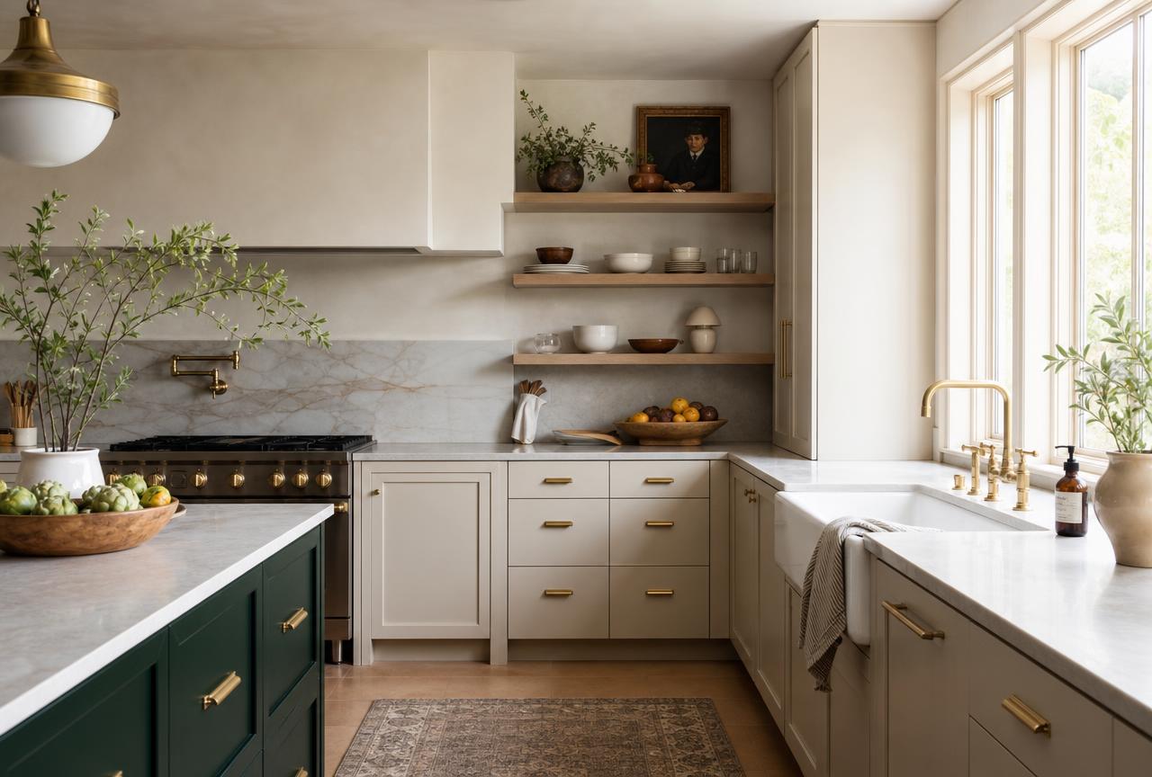 Kitchen Decor — Farmhouse kitchen with open wooden shelving, ceramic bowls, marble counter and morning light