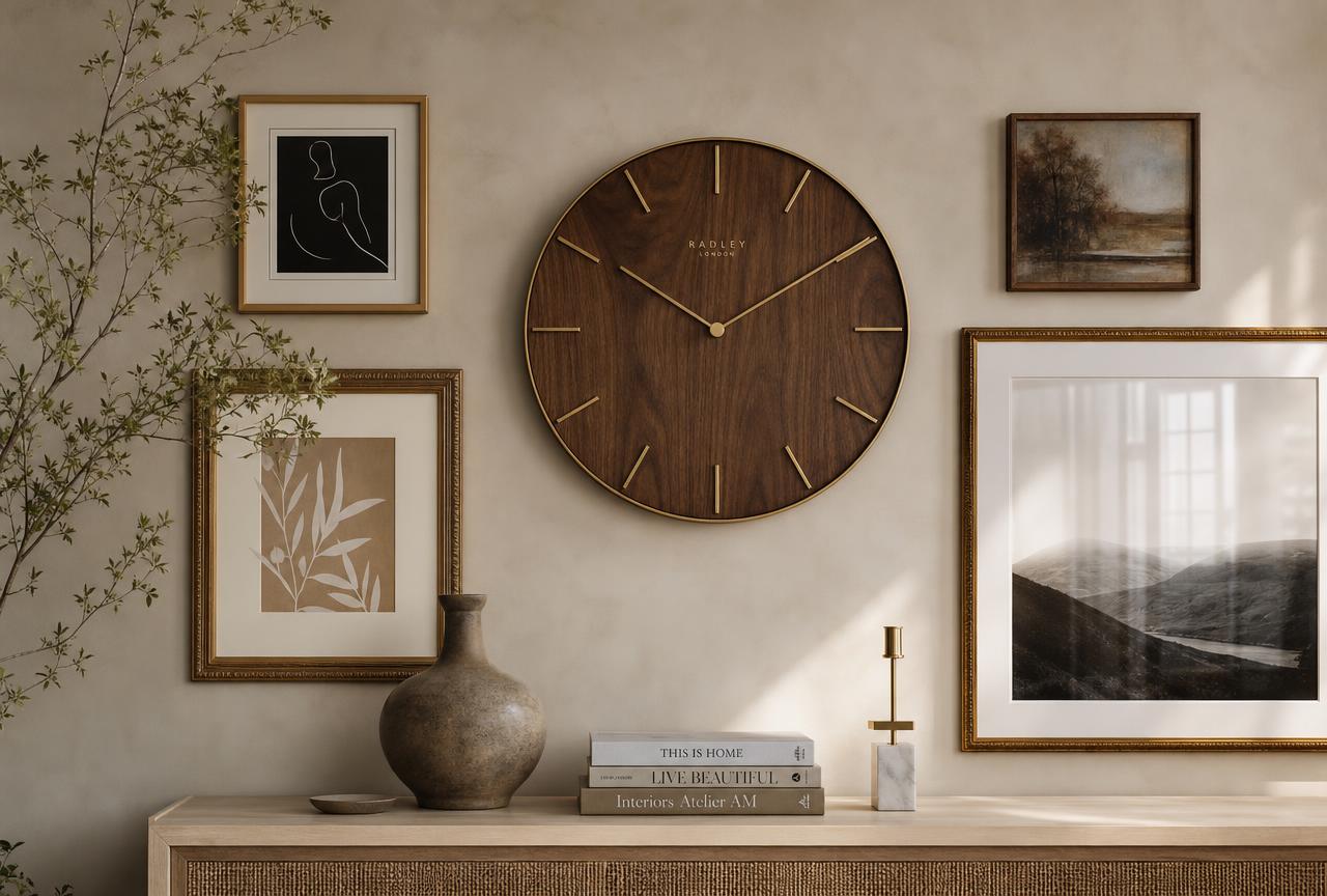 Wall Clocks — Large round wooden-framed wall clock on a neutral hallway wall beside two small botanical prints